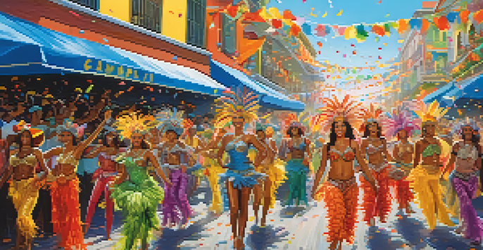 A lively street scene during Carnaval in Brazil with colorful costumes, samba dancers, and cheering spectators.