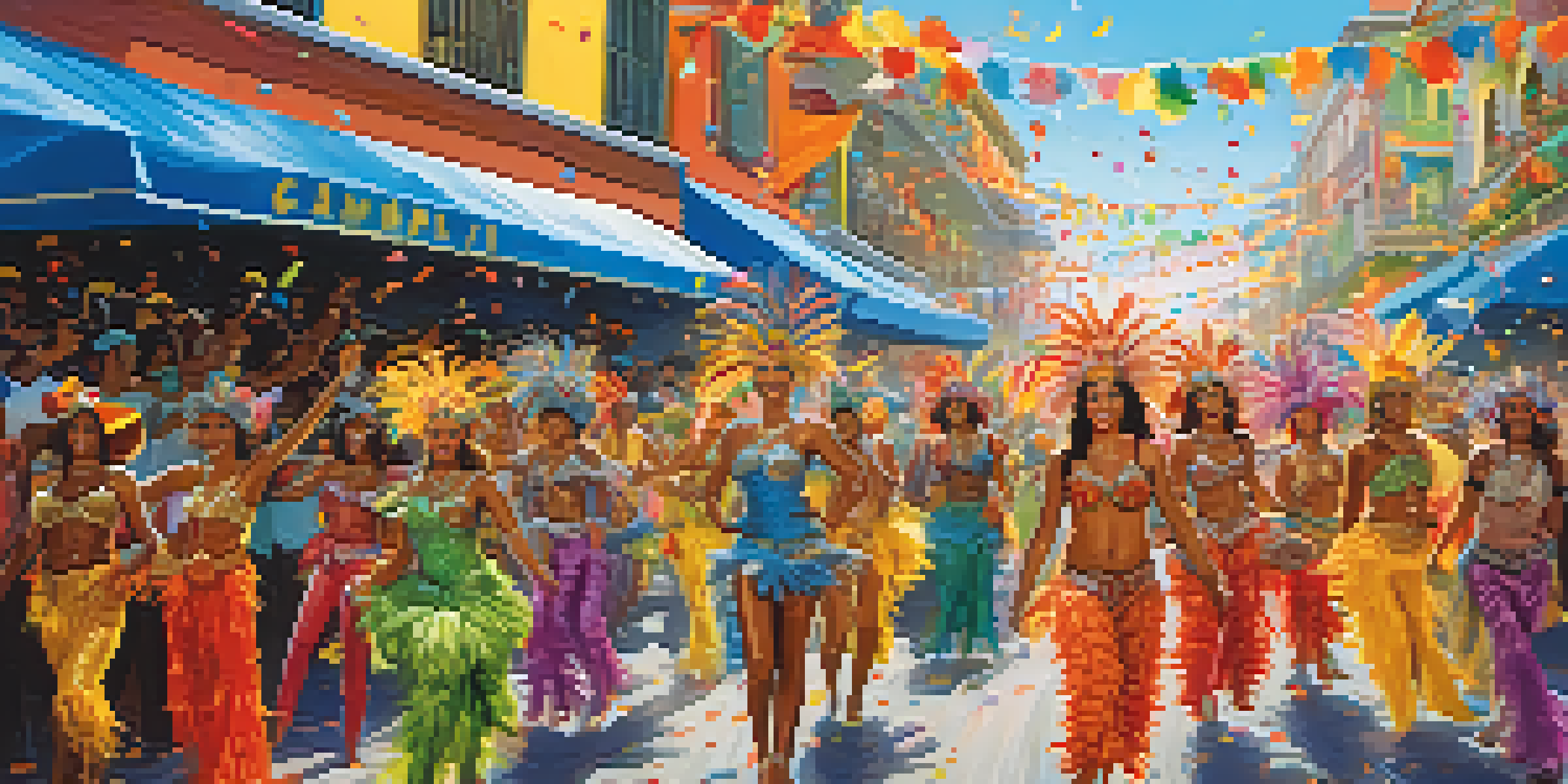 A lively street scene during Carnaval in Brazil with colorful costumes, samba dancers, and cheering spectators.