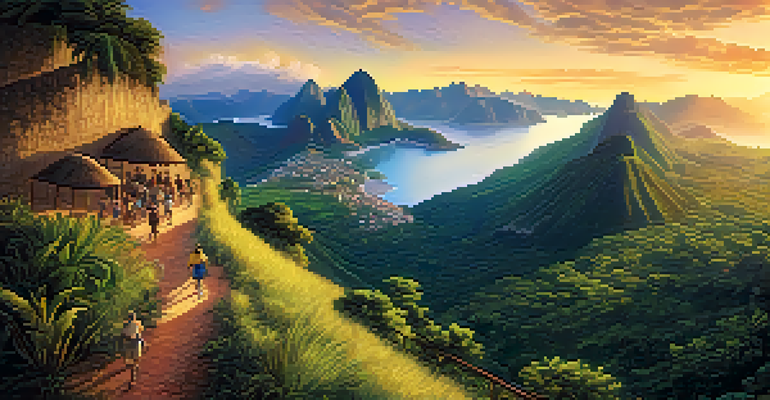 An aerial shot of the Way of St. James with pilgrims walking through a mix of coastal and mountainous scenery during sunset.