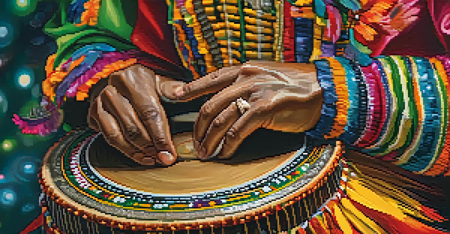 A close-up of hands playing a tamborim with a blurred Samba costume in the background.
