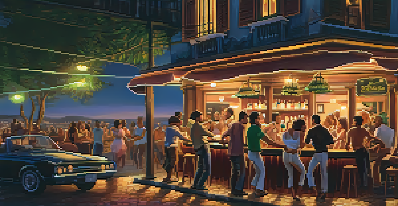 A vibrant bar scene at night in Glória, with people dancing, enjoying food, and live music.