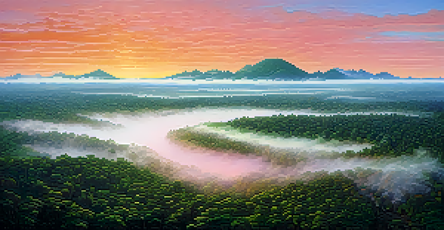 Aerial view of the Amazon rainforest at sunrise with mist and a winding river.