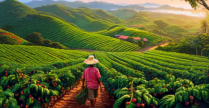 A scenic view of a Brazilian coffee plantation at sunrise with a farmer picking coffee cherries.