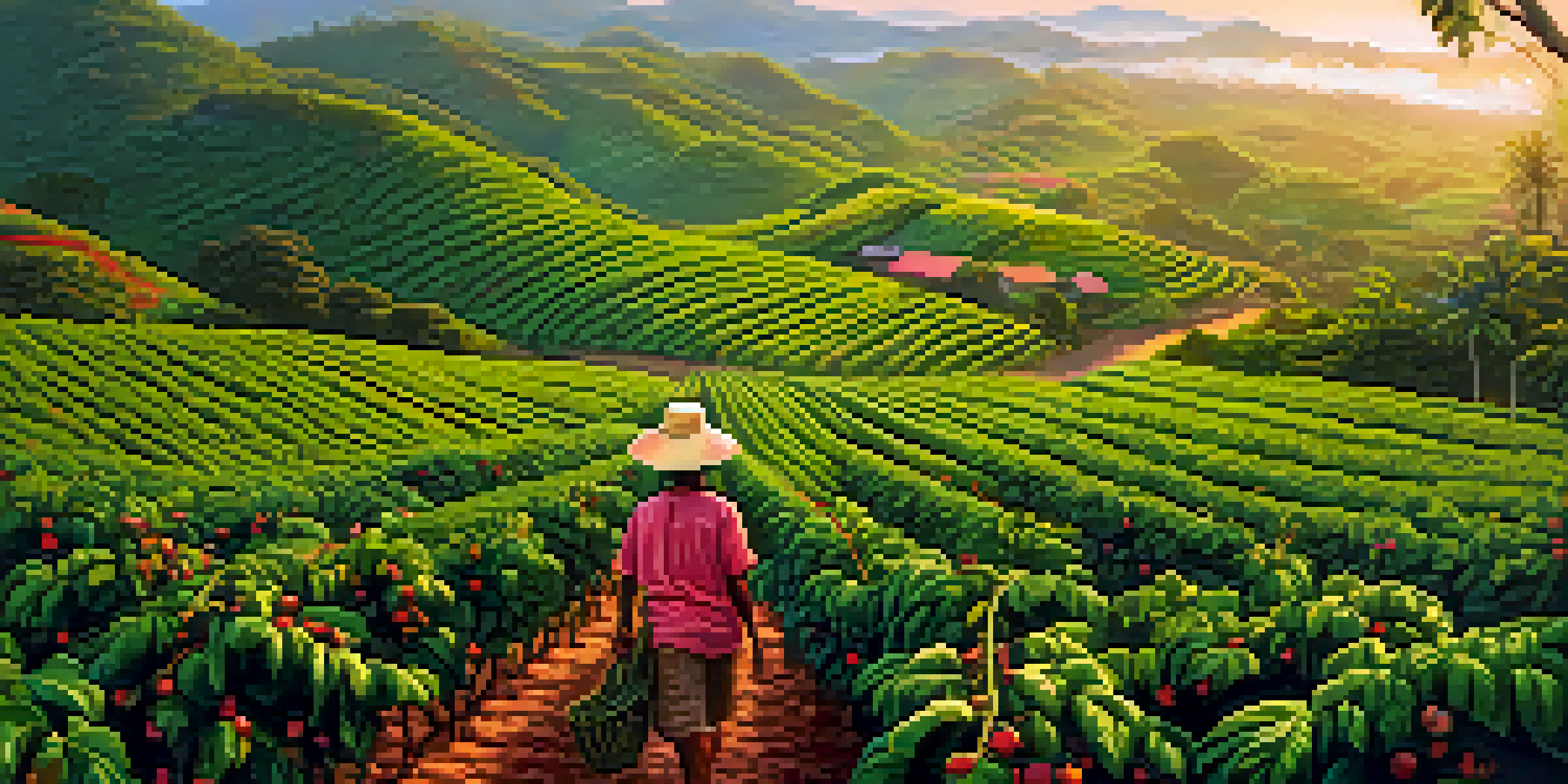 A scenic view of a Brazilian coffee plantation at sunrise with a farmer picking coffee cherries.