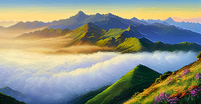 A panoramic view of the Serra da Mantiqueira mountains with mist over the Pico das Agulhas Negras during golden hour, showcasing vibrant wildflowers and lush greenery.