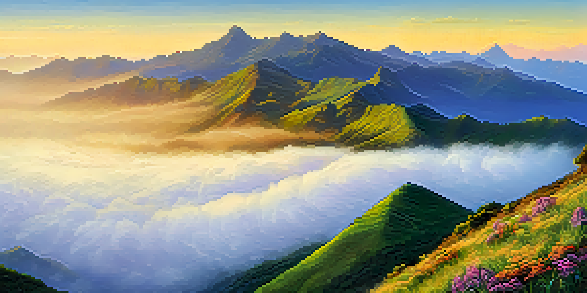 A panoramic view of the Serra da Mantiqueira mountains with mist over the Pico das Agulhas Negras during golden hour, showcasing vibrant wildflowers and lush greenery.