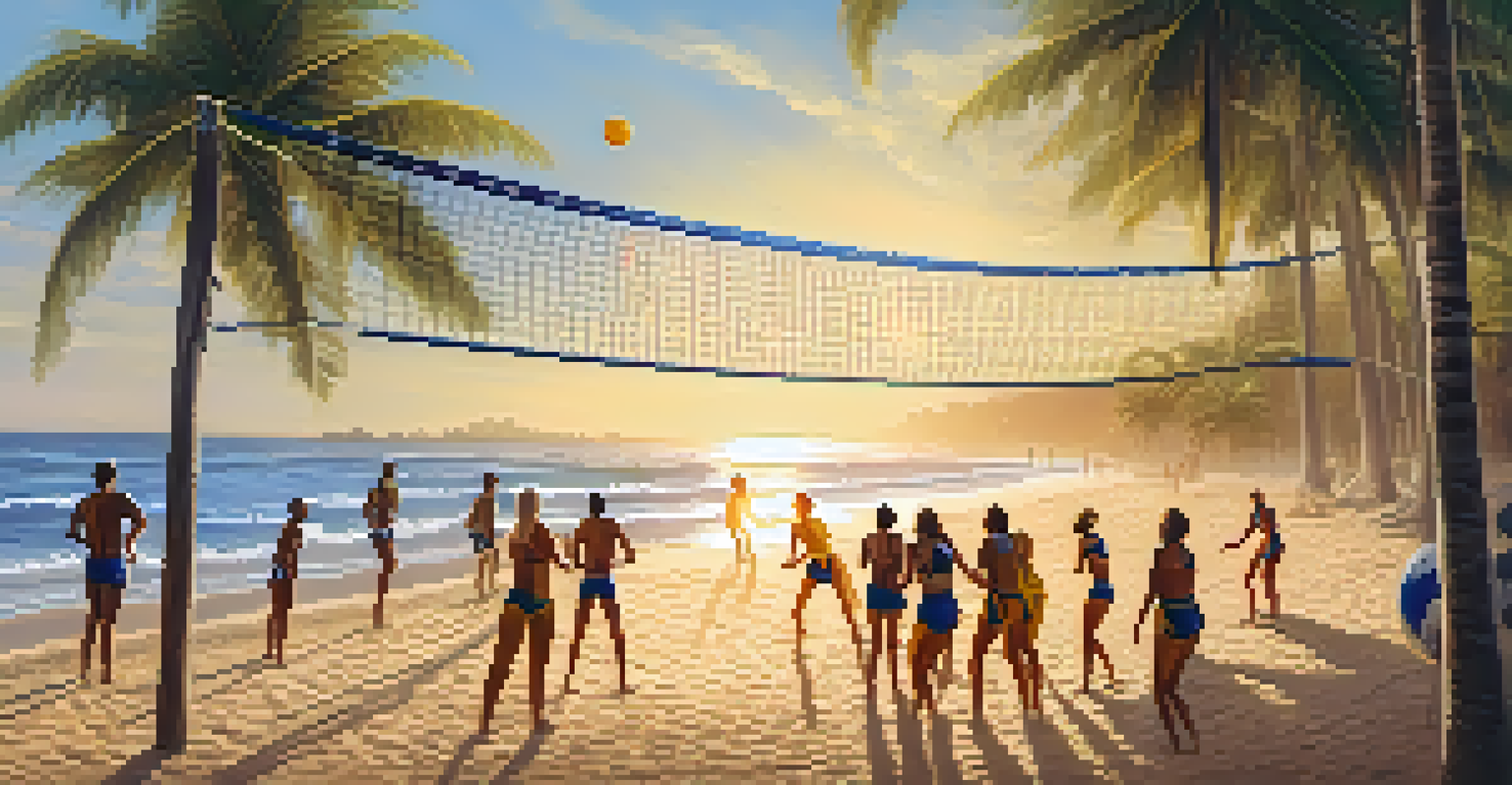 A beach volleyball match on a sunny Brazilian beach with players diving in the sand and fans cheering.