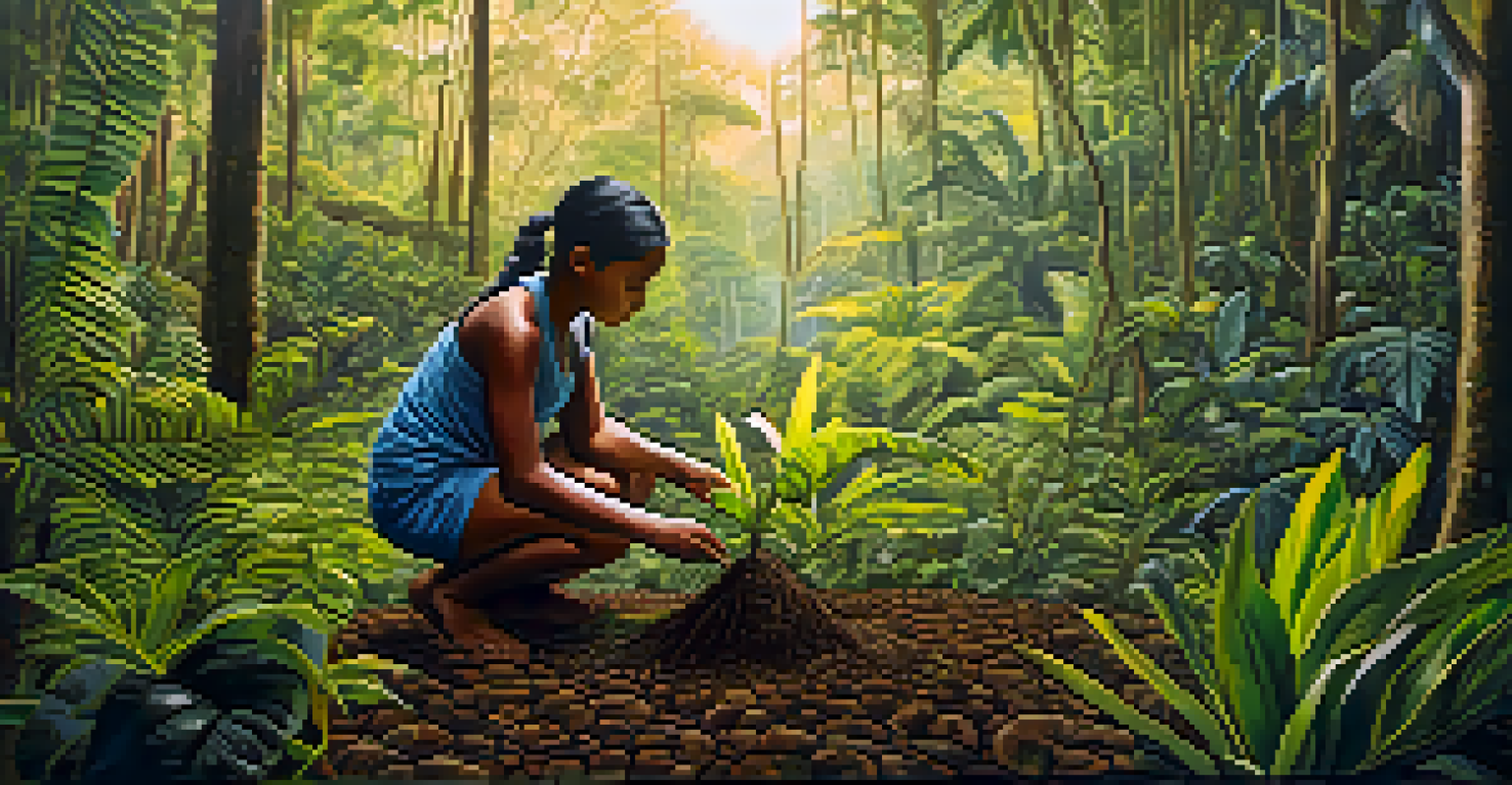 An indigenous person planting a tree in Brazil's Atlantic Forest, surrounded by dense vegetation and wildlife.