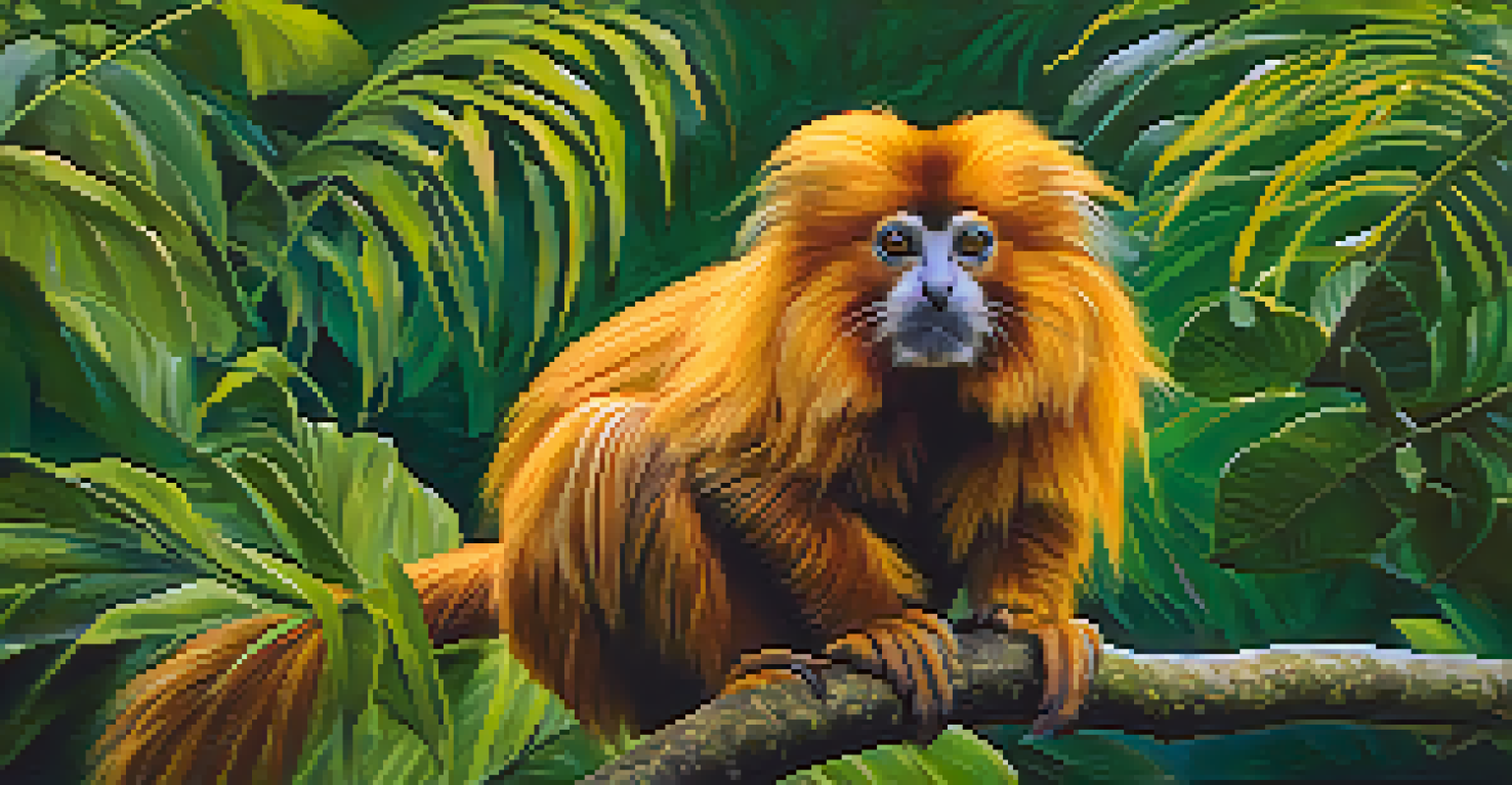 A close-up of a golden lion tamarin sitting on a branch, surrounded by green leaves, with sunlight highlighting its fur.