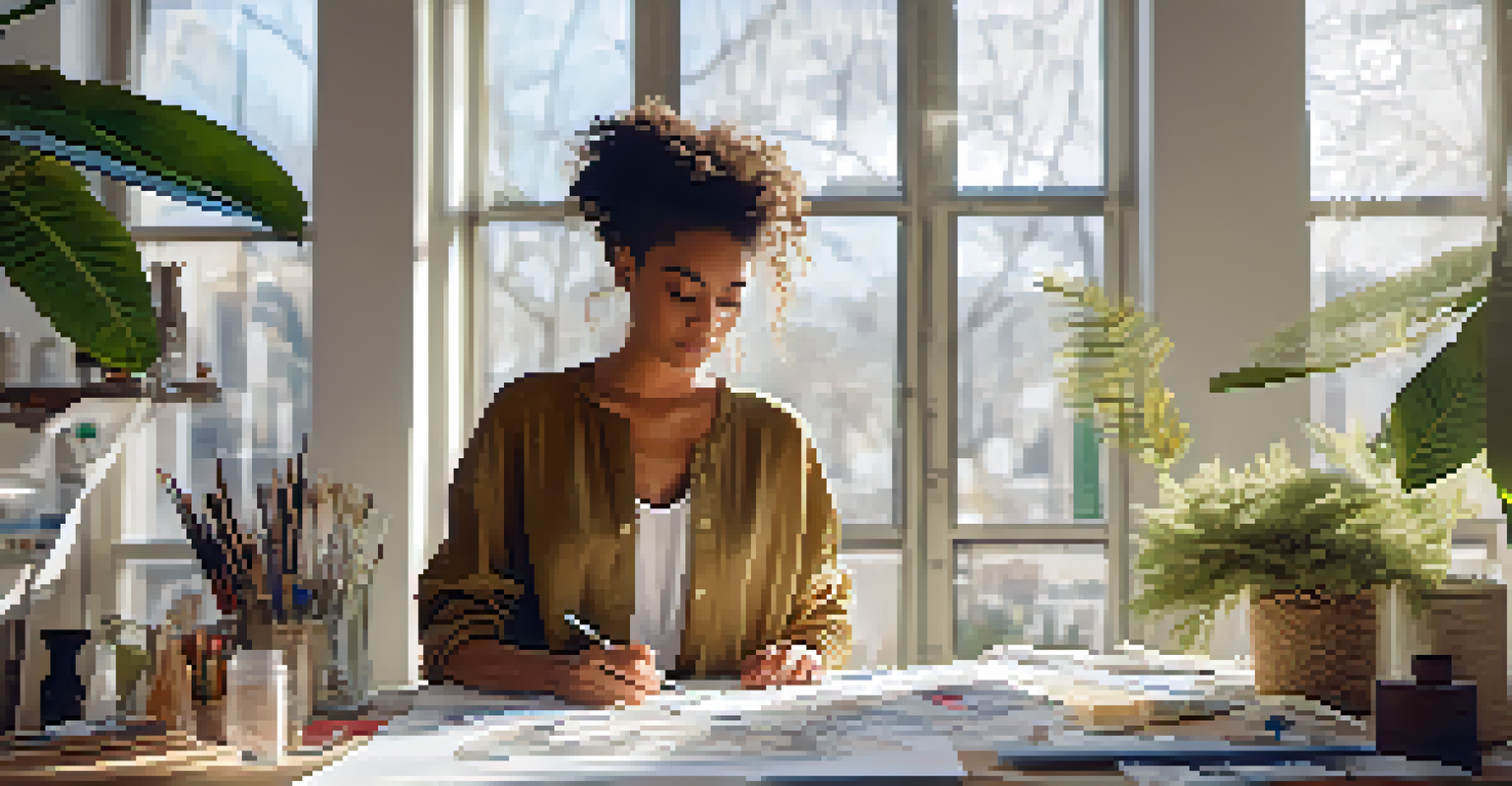 A designer in a modern studio creating a sustainable fashion collection, with eco-friendly materials and sunlight streaming in.