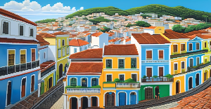 A vibrant street scene in the Pelourinho district of Salvador, with colorful colonial buildings and local performers.