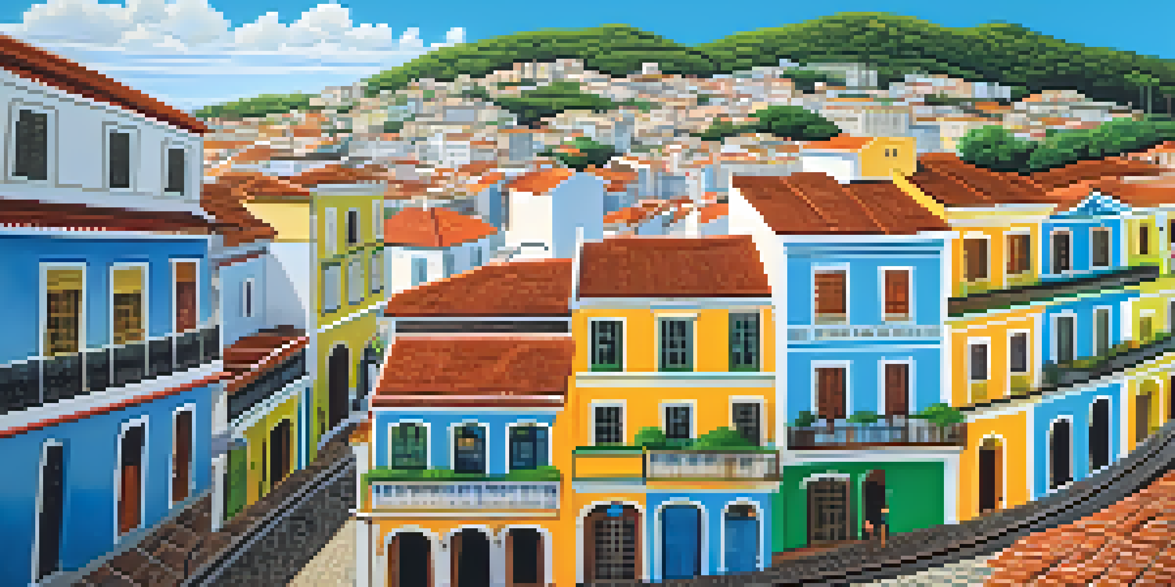 A vibrant street scene in the Pelourinho district of Salvador, with colorful colonial buildings and local performers.