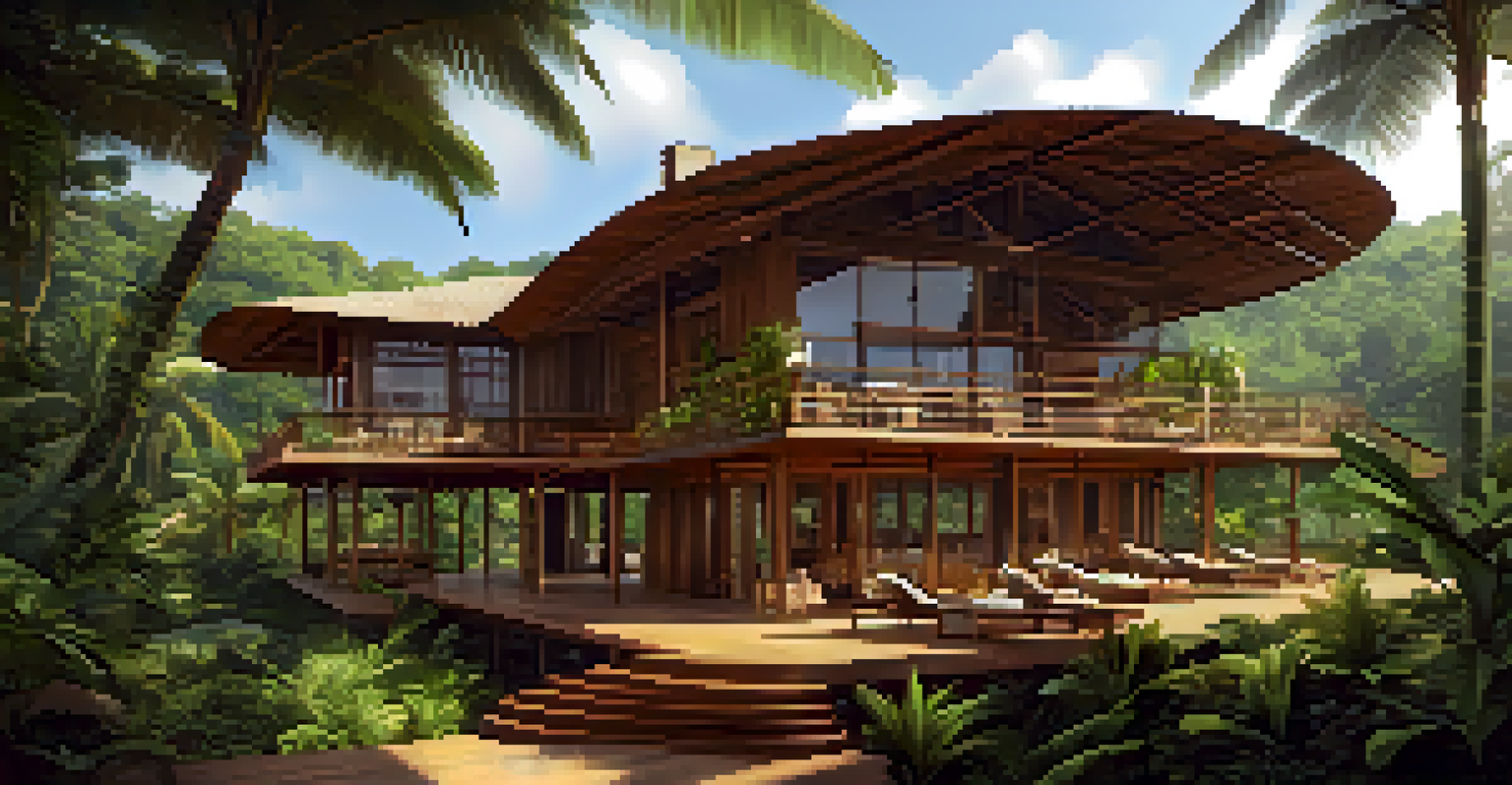 A sustainable eco-lodge in Brazil's coastal forest with natural architecture and inviting outdoor seating.