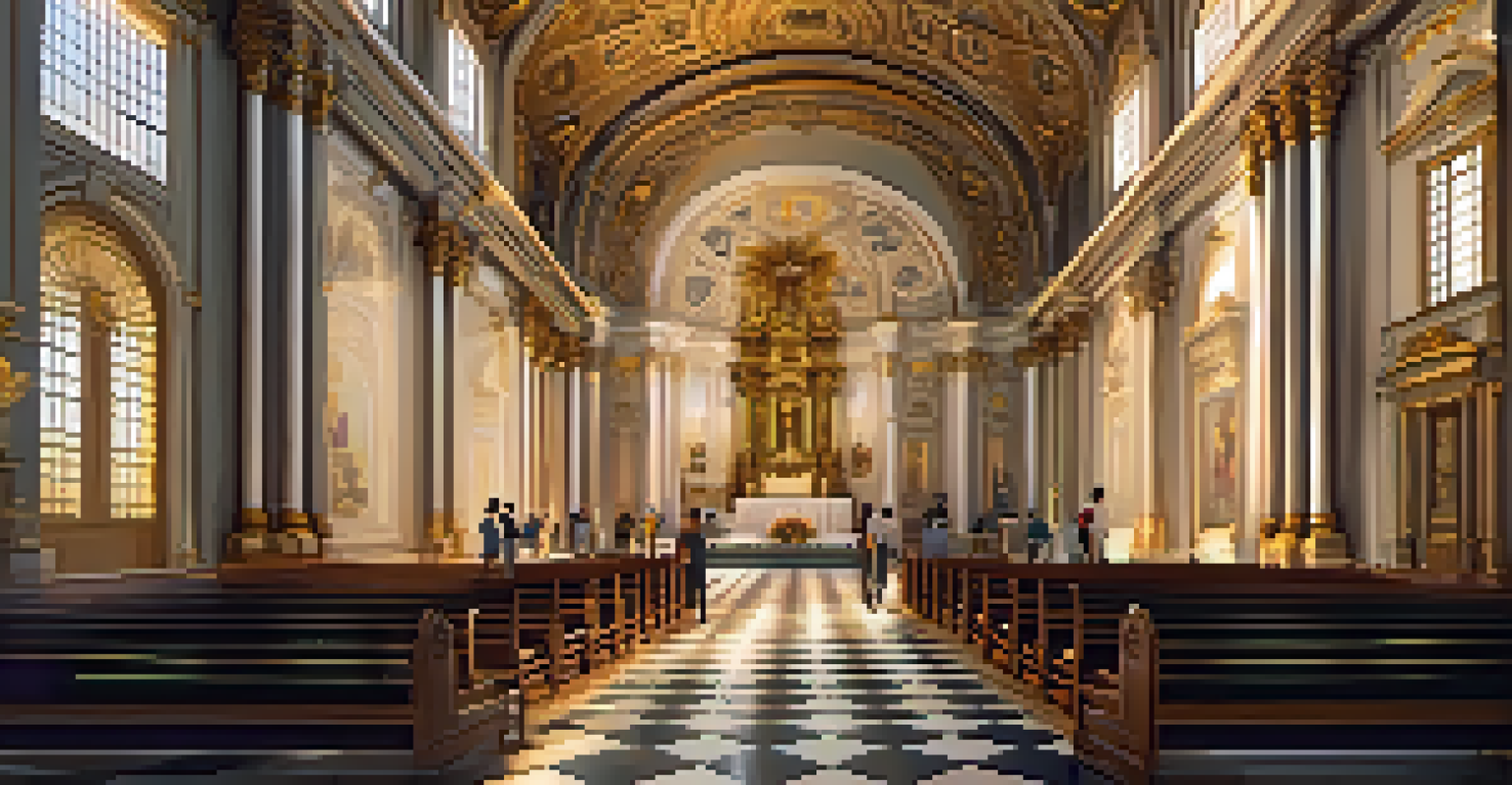 The ornate interior of the Church of São Francisco in Salvador, showcasing gold leaf decorations and intricate carvings in a serene setting.