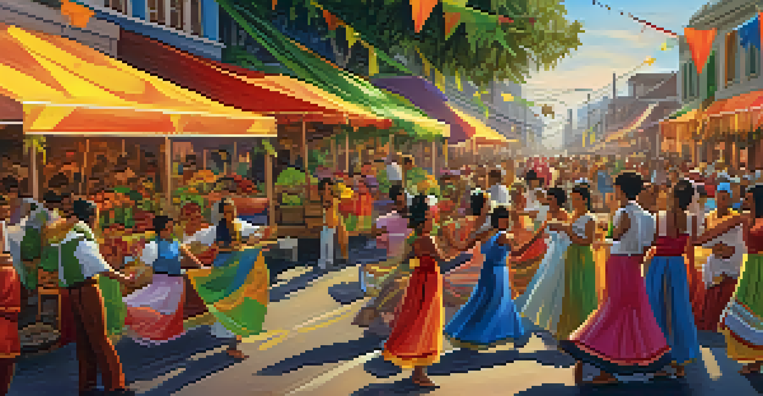 A festive parade in Brazil with locals in traditional attire, dancing and celebrating amidst colorful decorations and delicious food.