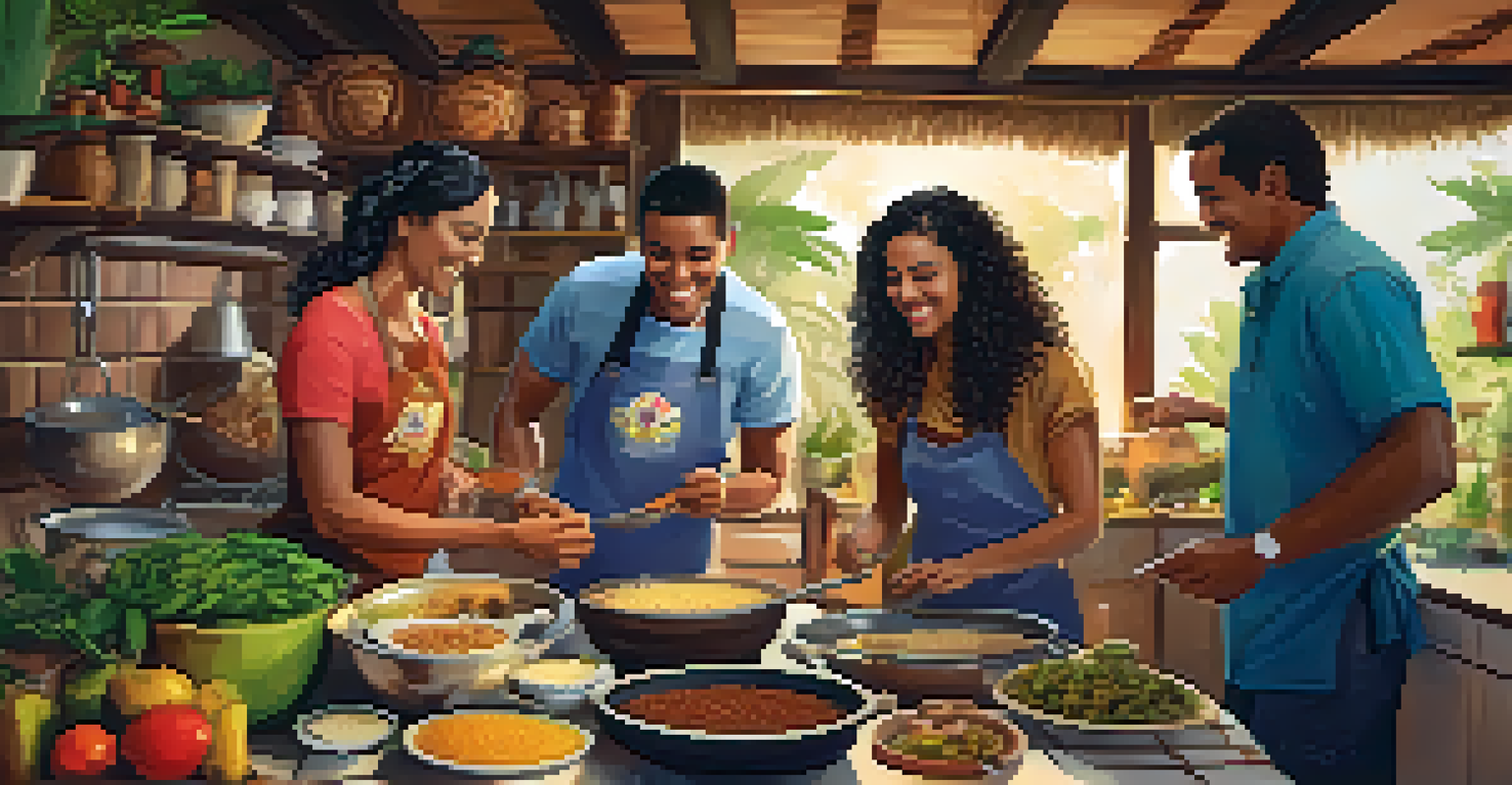 Volunteers cooking traditional Brazilian feijoada in a kitchen, surrounded by fresh ingredients and local families, creating a warm and inviting atmosphere.