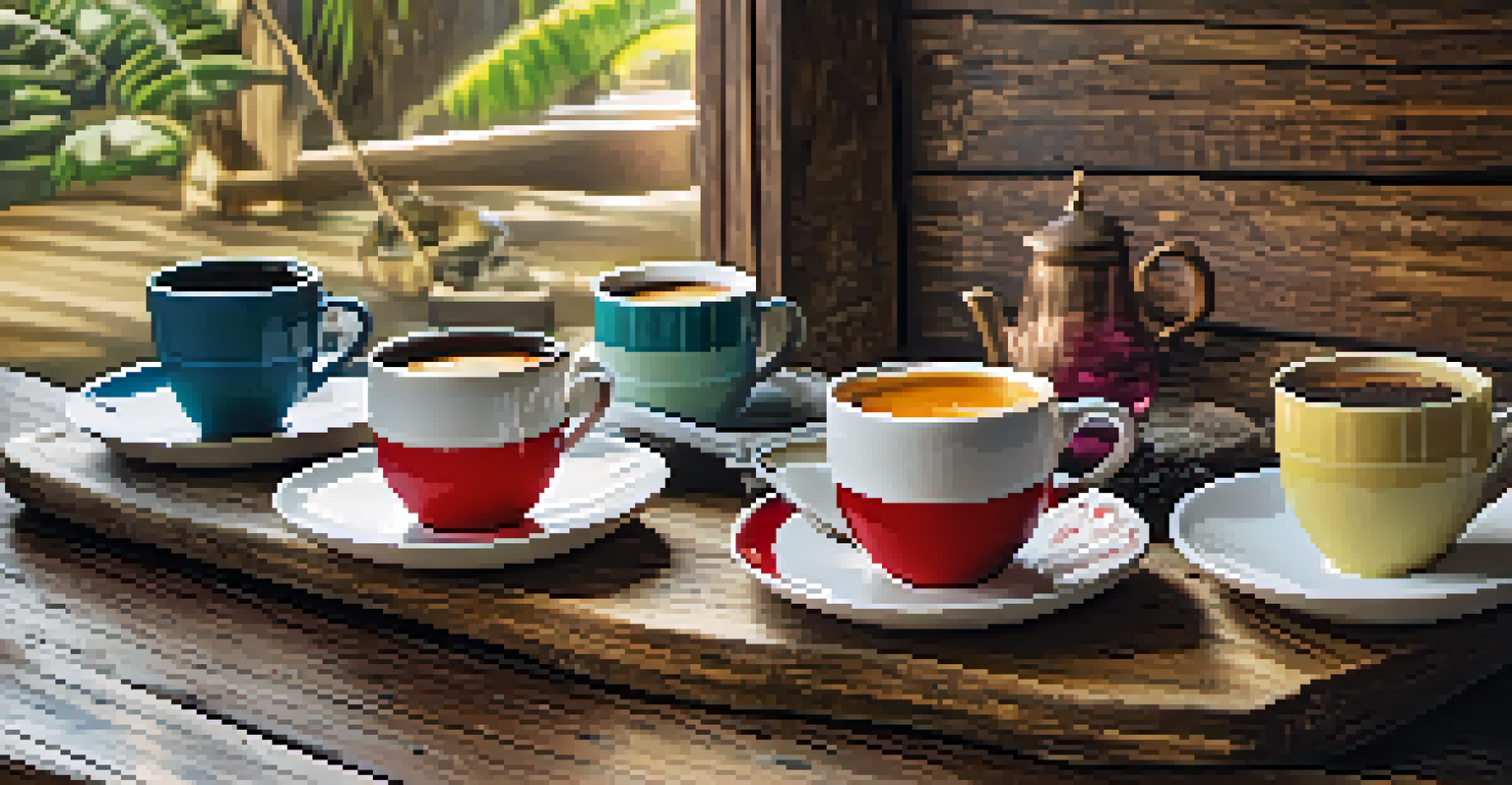 A cozy coffee tasting setup with various cups showcasing different Brazilian coffee varieties on a wooden table.