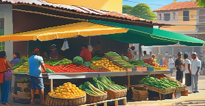 A bustling market in Brazil with colorful stalls of exotic fruits and vegetables, under warm sunlight and traditional buildings in the background.
