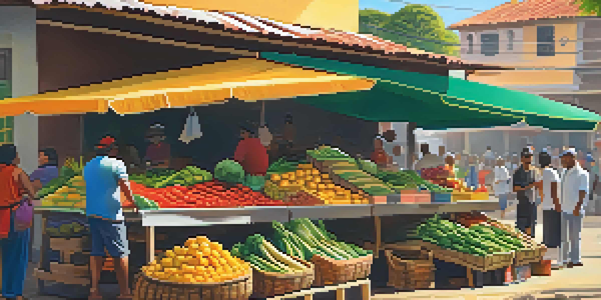A bustling market in Brazil with colorful stalls of exotic fruits and vegetables, under warm sunlight and traditional buildings in the background.