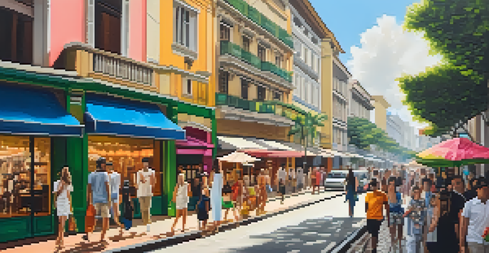 A lively shopping street in São Paulo with colorful boutique storefronts and fashionable shoppers under warm sunlight.