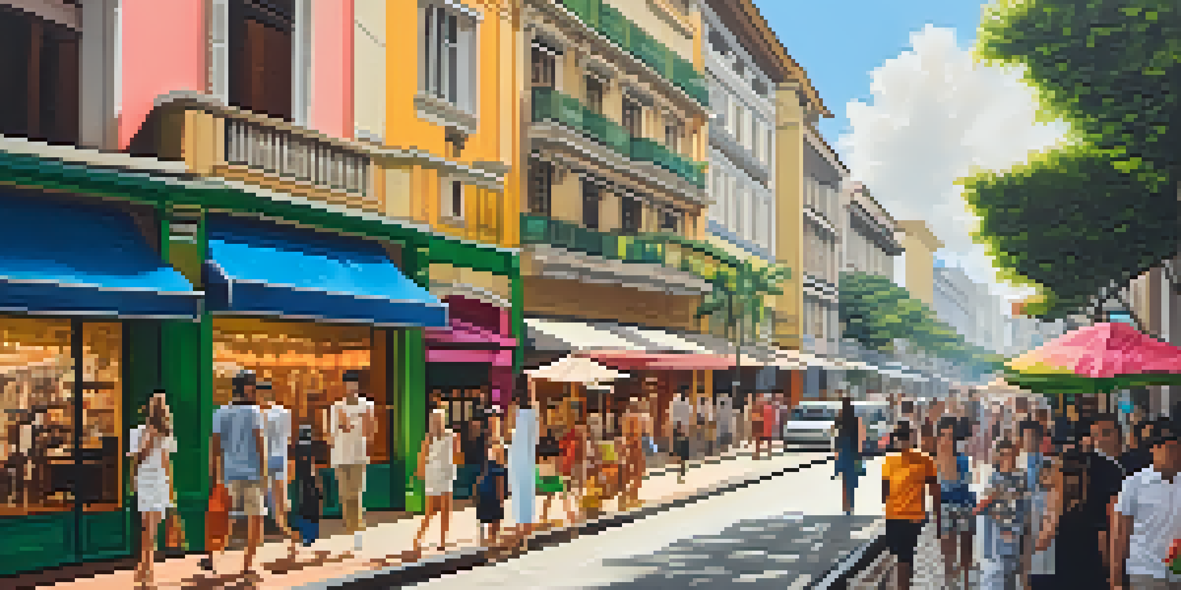 A lively shopping street in São Paulo with colorful boutique storefronts and fashionable shoppers under warm sunlight.