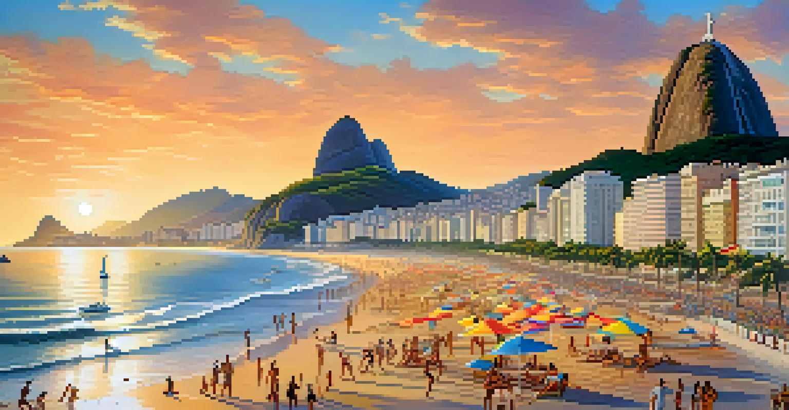 A lively scene at Copacabana Beach, featuring the wave-patterned promenade, beachgoers, and Sugarloaf Mountain during a vibrant sunset.
