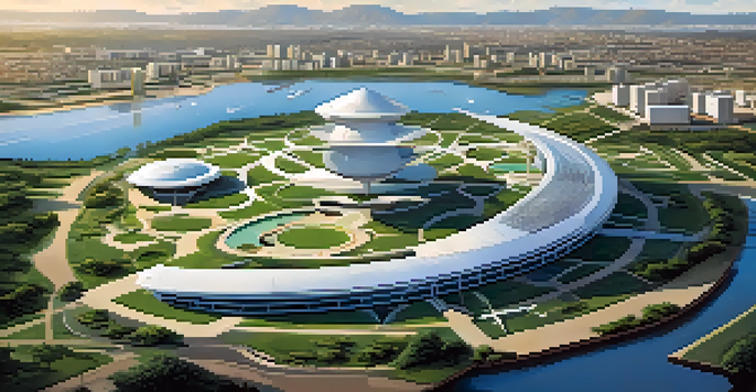 Aerial view of Brasília with modernist buildings and green spaces.