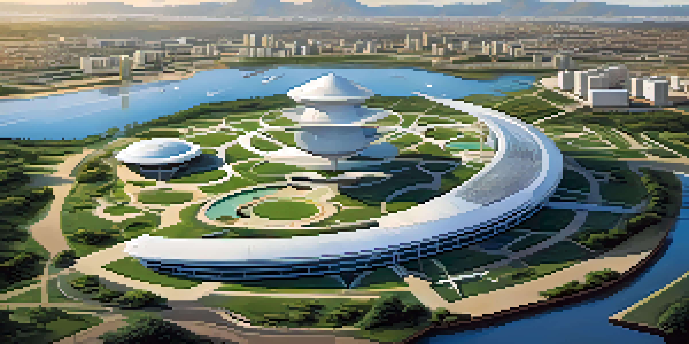 Aerial view of Brasília with modernist buildings and green spaces.