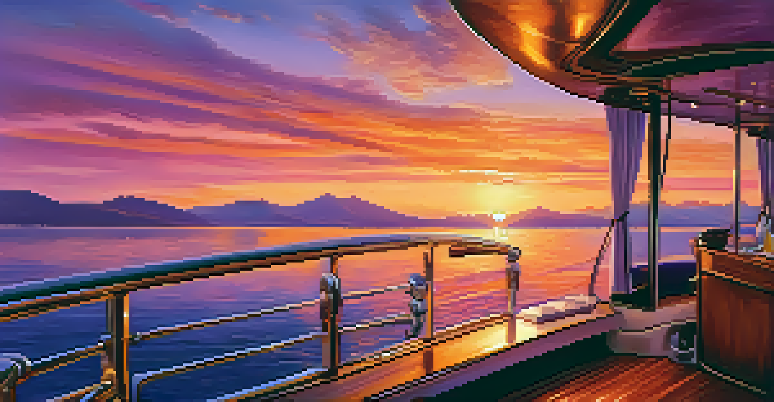 A sunset view from a luxury yacht with vibrant colors in the sky reflecting on the ocean and passengers enjoying the scene, embodying the spirit of a Brazilian boat tour.