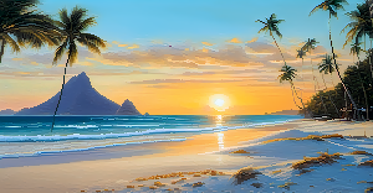 A serene Brazilian beach with turquoise waters and white sand, featuring eco-conscious travelers using reusable items as the sun sets on the horizon.