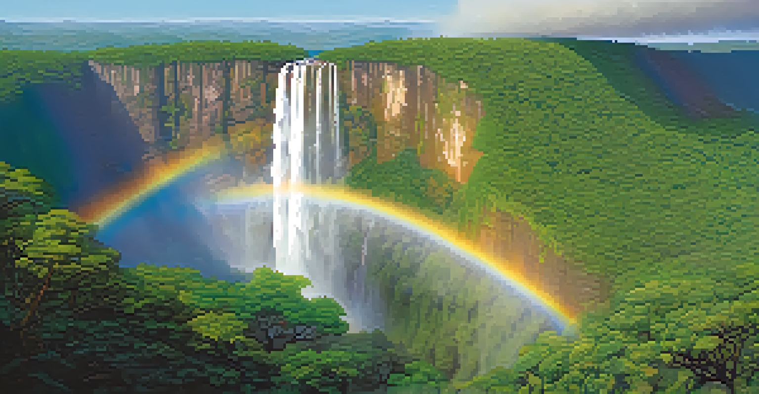 Aerial view of Fumaça Waterfall with cascading water, mist, and surrounding dense green foliage, showcasing a rainbow effect.