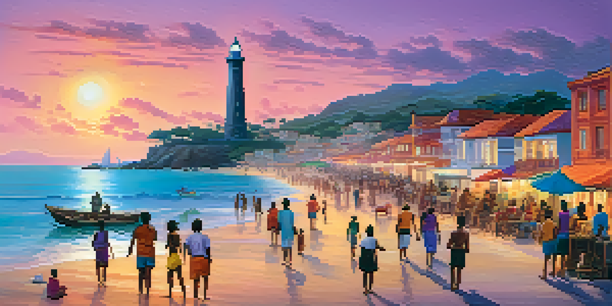 A beautiful sunset view from Porto da Barra Beach showing people, sandy beach, and a lighthouse.