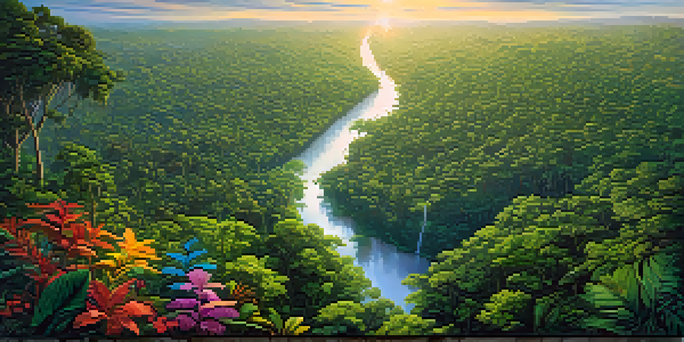Aerial view of the Amazon Rainforest with dense green trees and colorful flowers under golden sunlight and mist.
