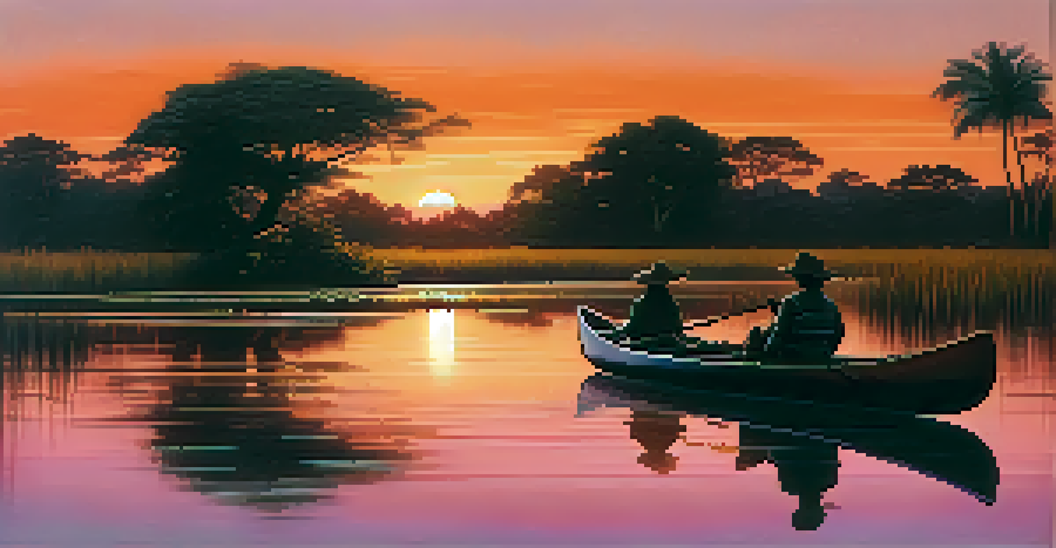 A canoe on calm waters of the Pantanal at sunset, with colorful sky reflections and wildlife silhouettes.