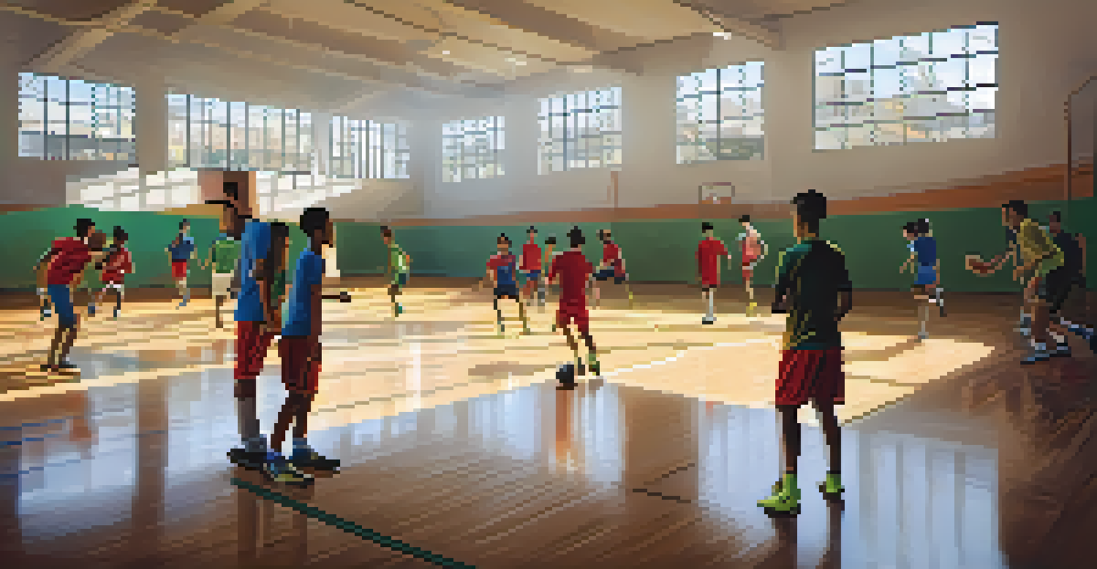 Young athletes training indoors for futsal, practicing ball control with natural light illuminating a gym decorated with motivational posters.