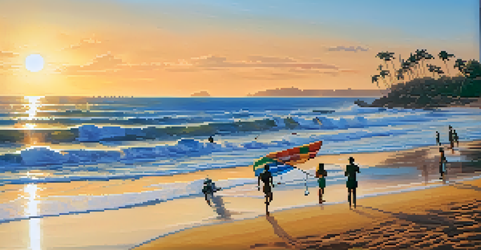 A picturesque Brazilian beach during sunset with clear waters, golden sand, and palm trees. Sunbathers and surfers are enjoying the scene.