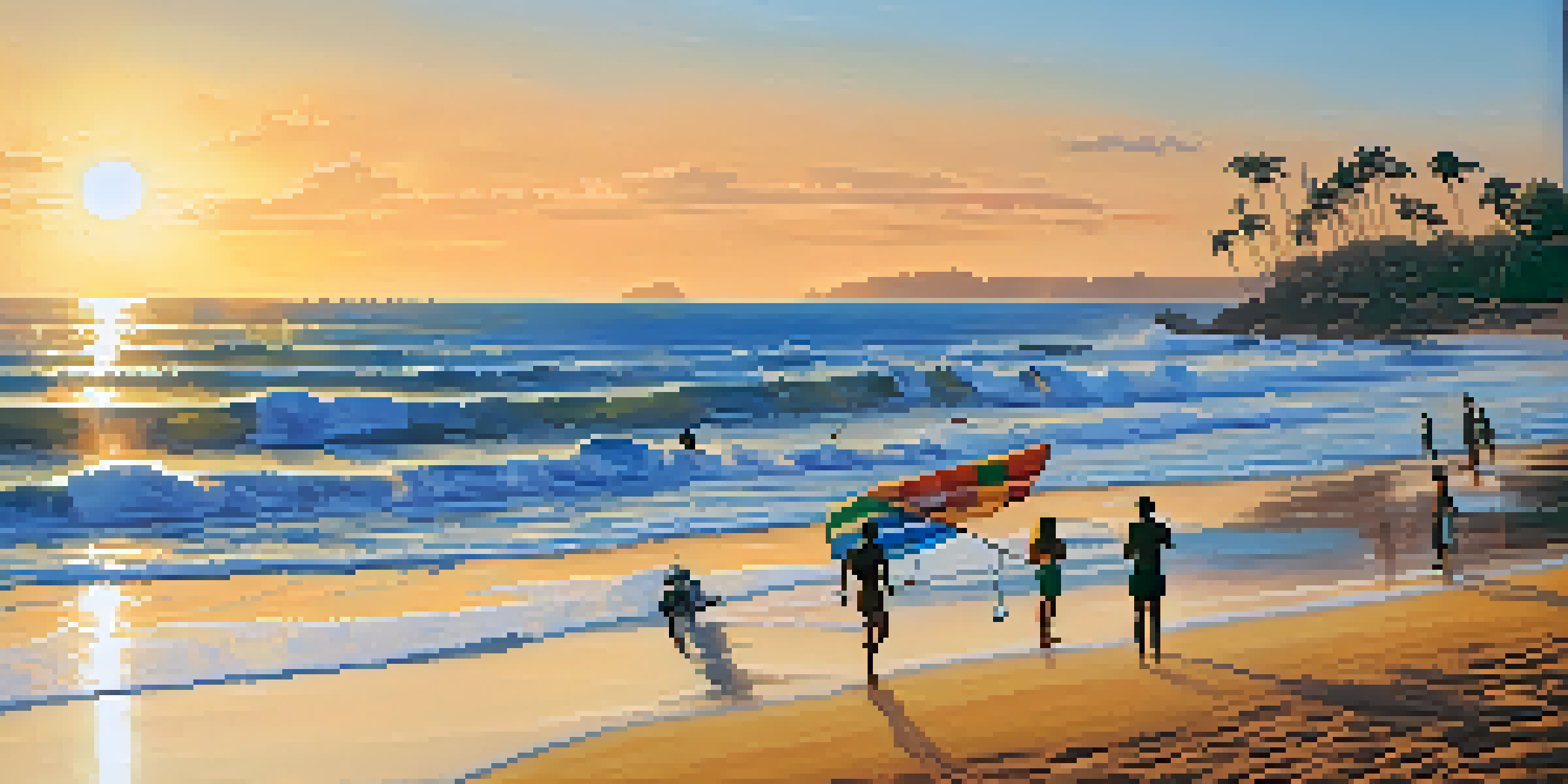 A picturesque Brazilian beach during sunset with clear waters, golden sand, and palm trees. Sunbathers and surfers are enjoying the scene.