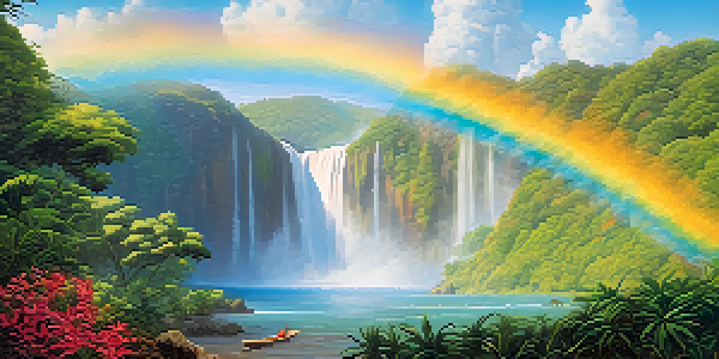 A traveler wearing light clothing enjoys a sunny outdoor scene in Brazil, surrounded by green landscapes and colorful flowers.