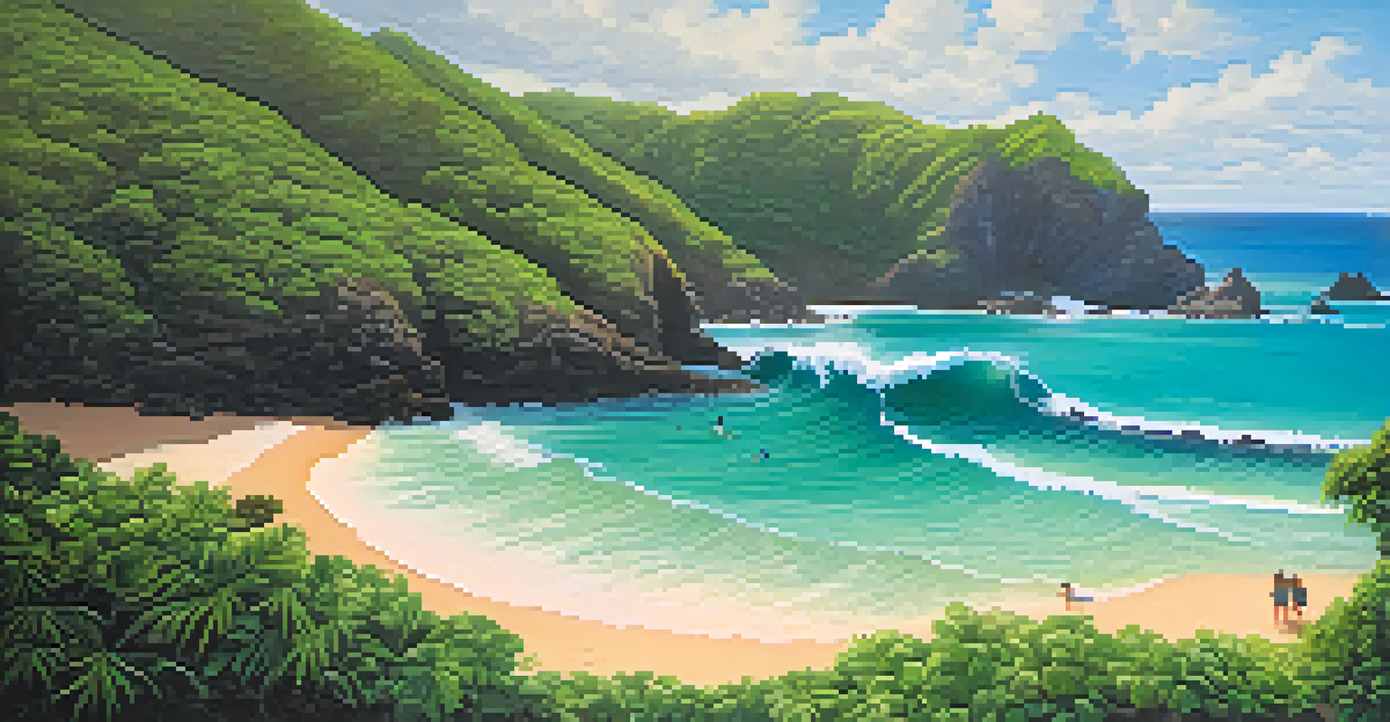 Surfers catching waves in Fernando de Noronha with lush greenery and turquoise waters.