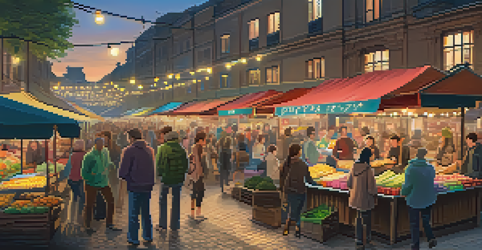 A vibrant local market at night filled with colorful stalls and people enjoying the atmosphere, emphasizing safety and community.