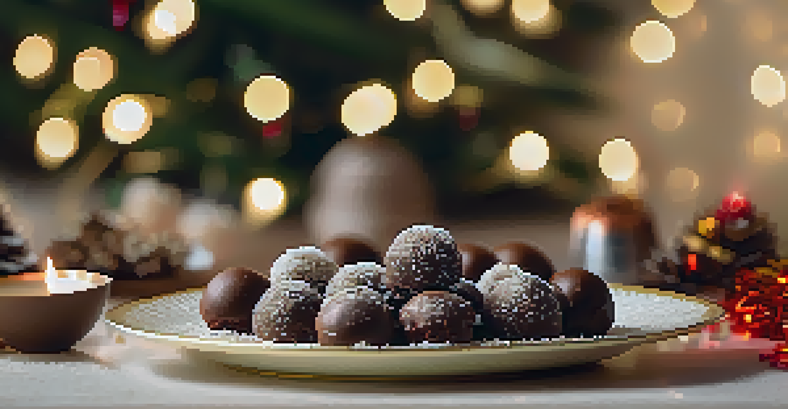 A decorative plate filled with brigadeiro and beijinho sweets, set against a festive background with soft bokeh lights.