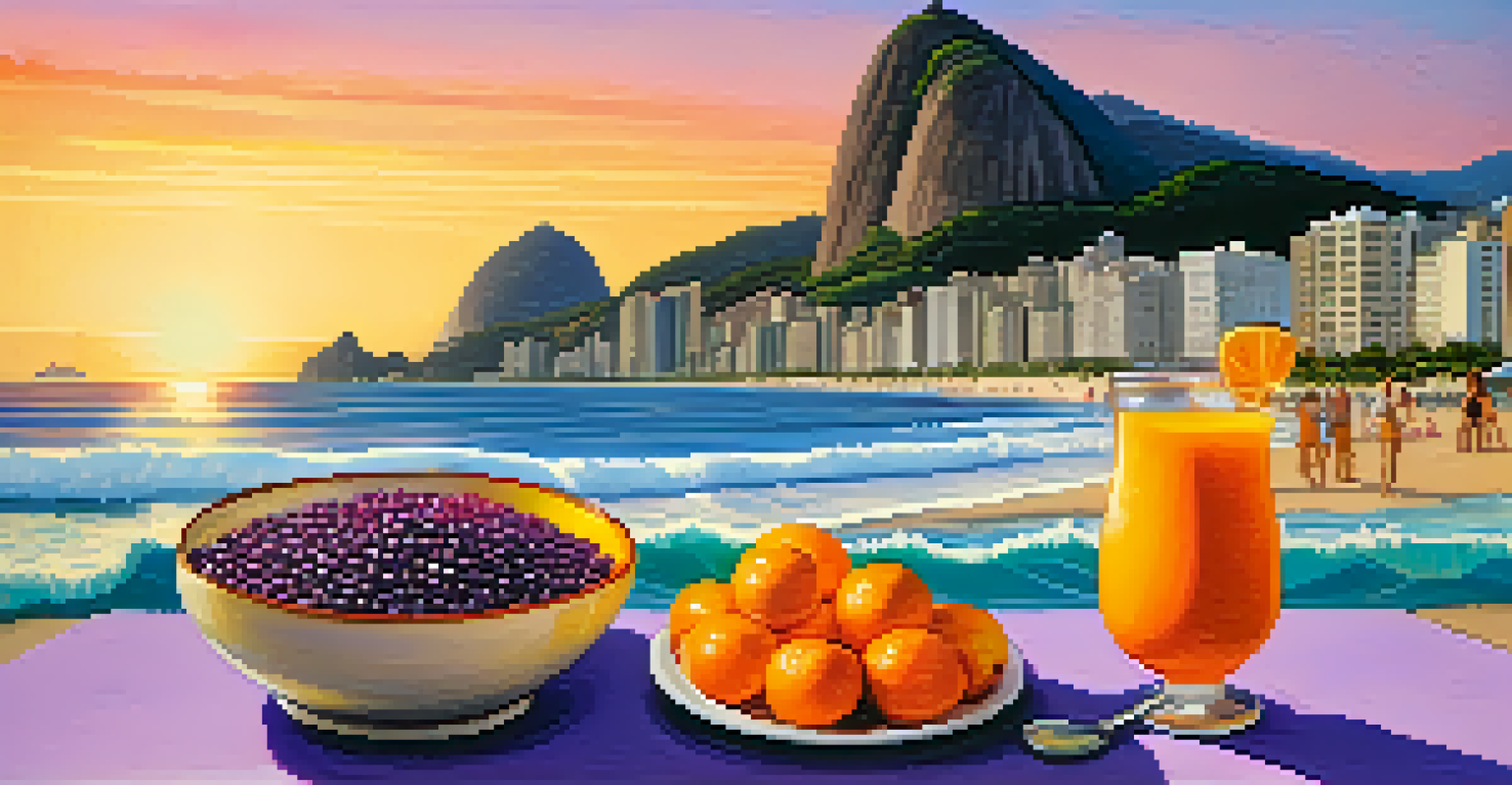 A sunset view of Copacabana beach in Rio de Janeiro with an acai bowl in the foreground, showcasing vibrant colors in the sky.