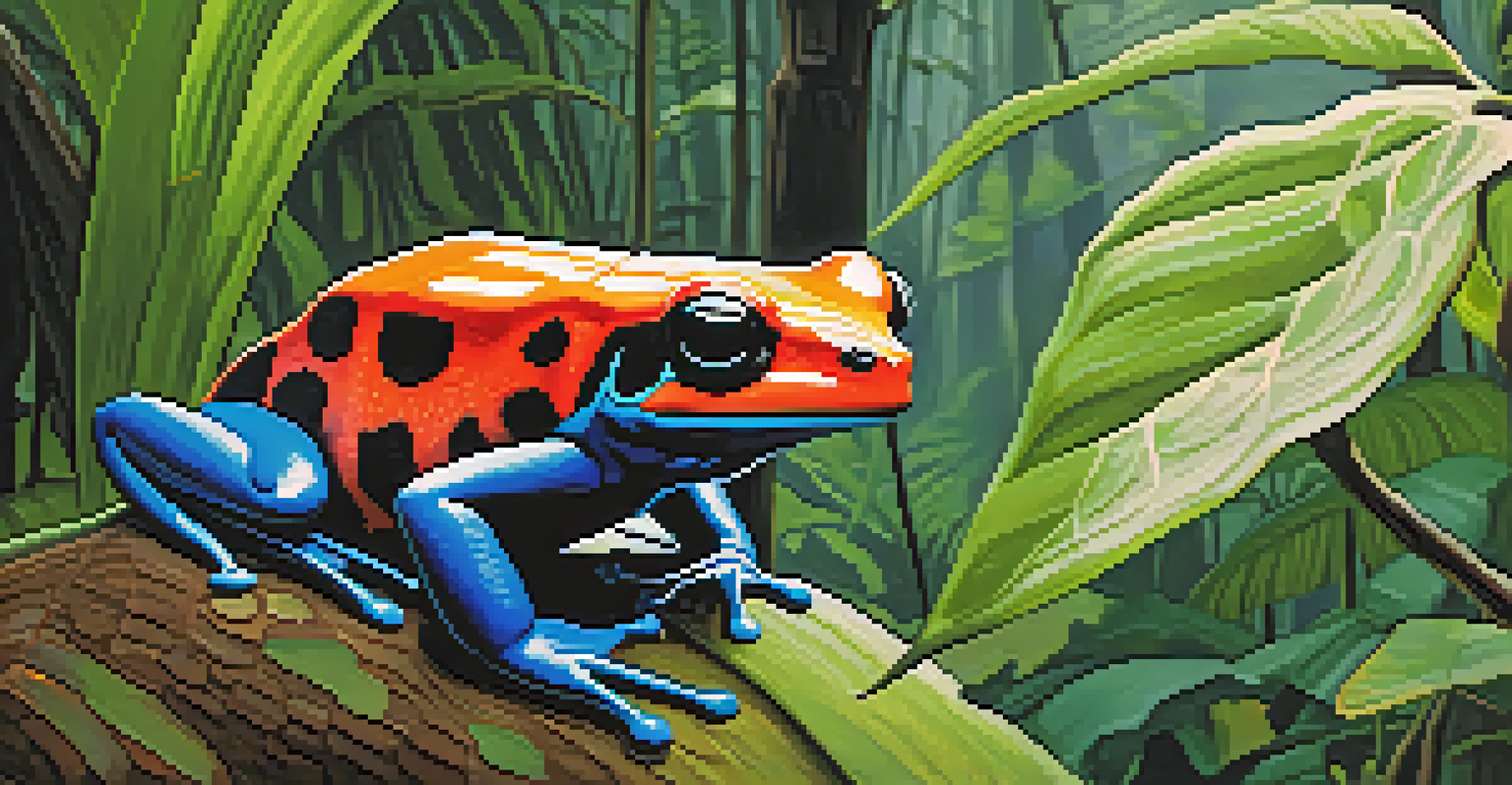 A poison dart frog on a leaf in the Amazon Rainforest with a sloth in the background, surrounded by dense greenery and sunlight filtering through the trees.