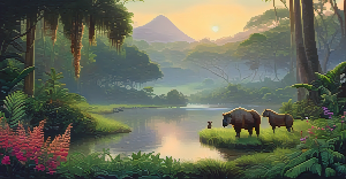 A peaceful Brazilian rainforest at sunrise with mist, featuring a family of capybaras near a stream and colorful flowers.