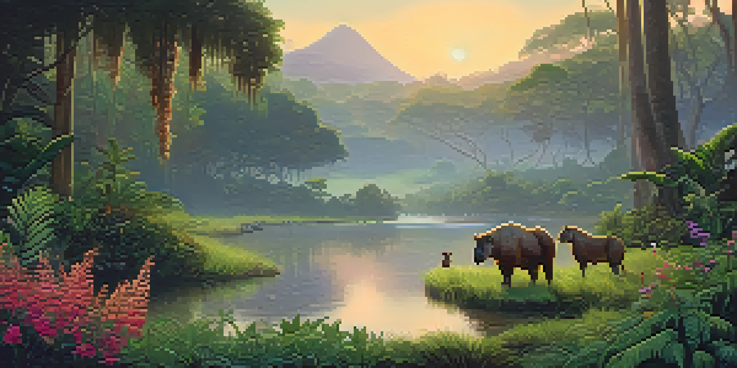 A peaceful Brazilian rainforest at sunrise with mist, featuring a family of capybaras near a stream and colorful flowers.
