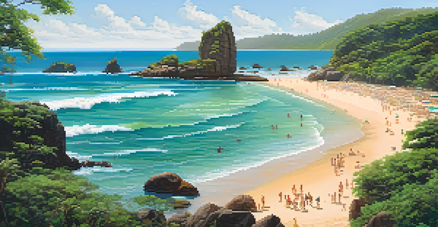 An artistic view of Joatinga Beach with crystal-clear waters and dramatic rocks, featuring people capturing the scenery.