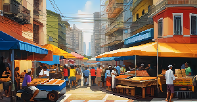 A lively street food market in São Paulo, with vendors selling bright pastries and croquettes, surrounded by people enjoying their meals.