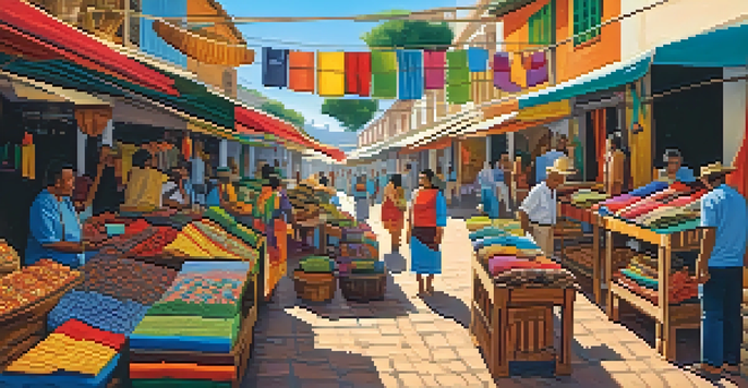 A bustling Brazilian marketplace filled with colorful handcrafted items, including textiles and wooden sculptures, with artisans at work under bright sunlight.