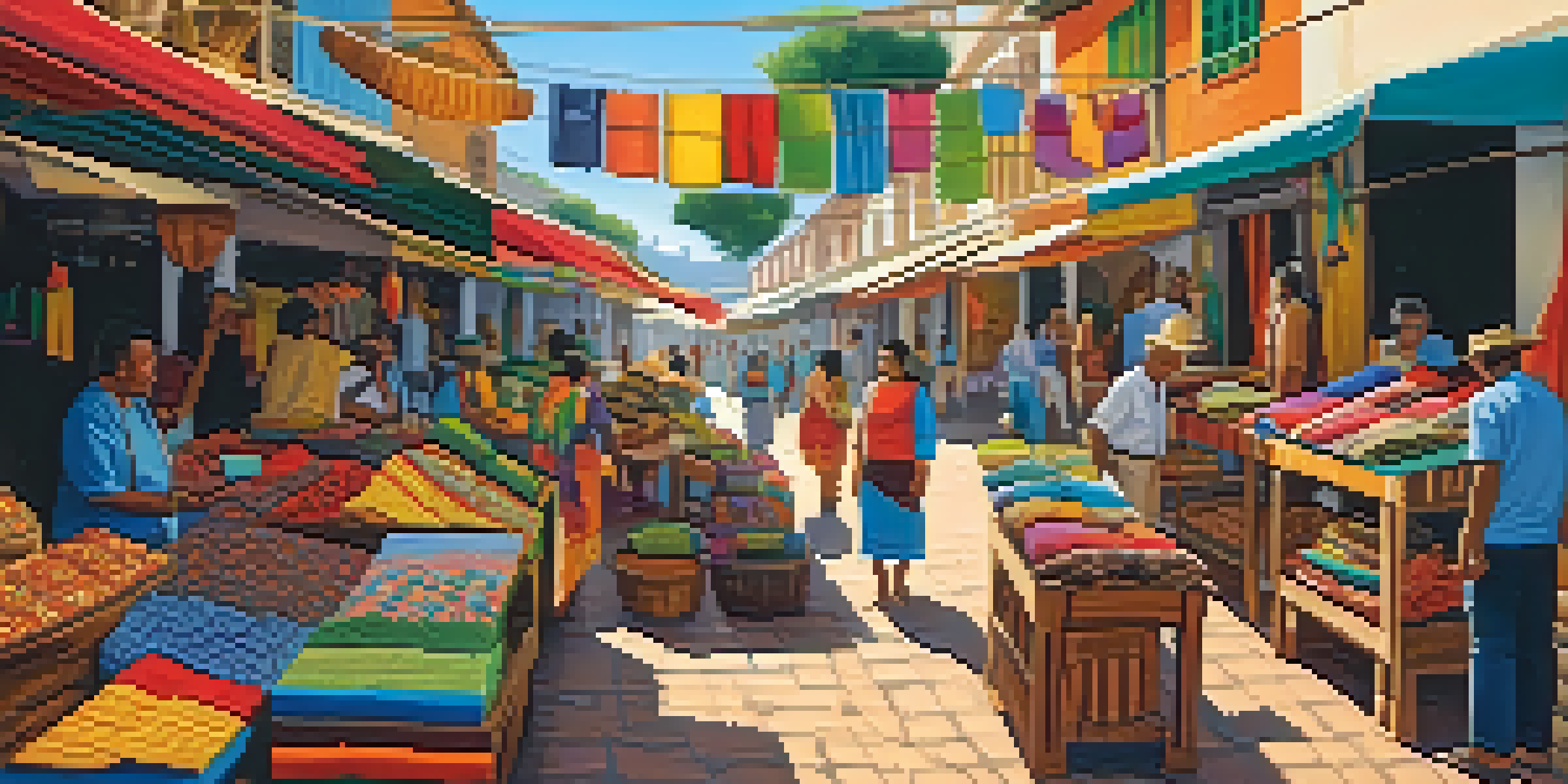 A bustling Brazilian marketplace filled with colorful handcrafted items, including textiles and wooden sculptures, with artisans at work under bright sunlight.