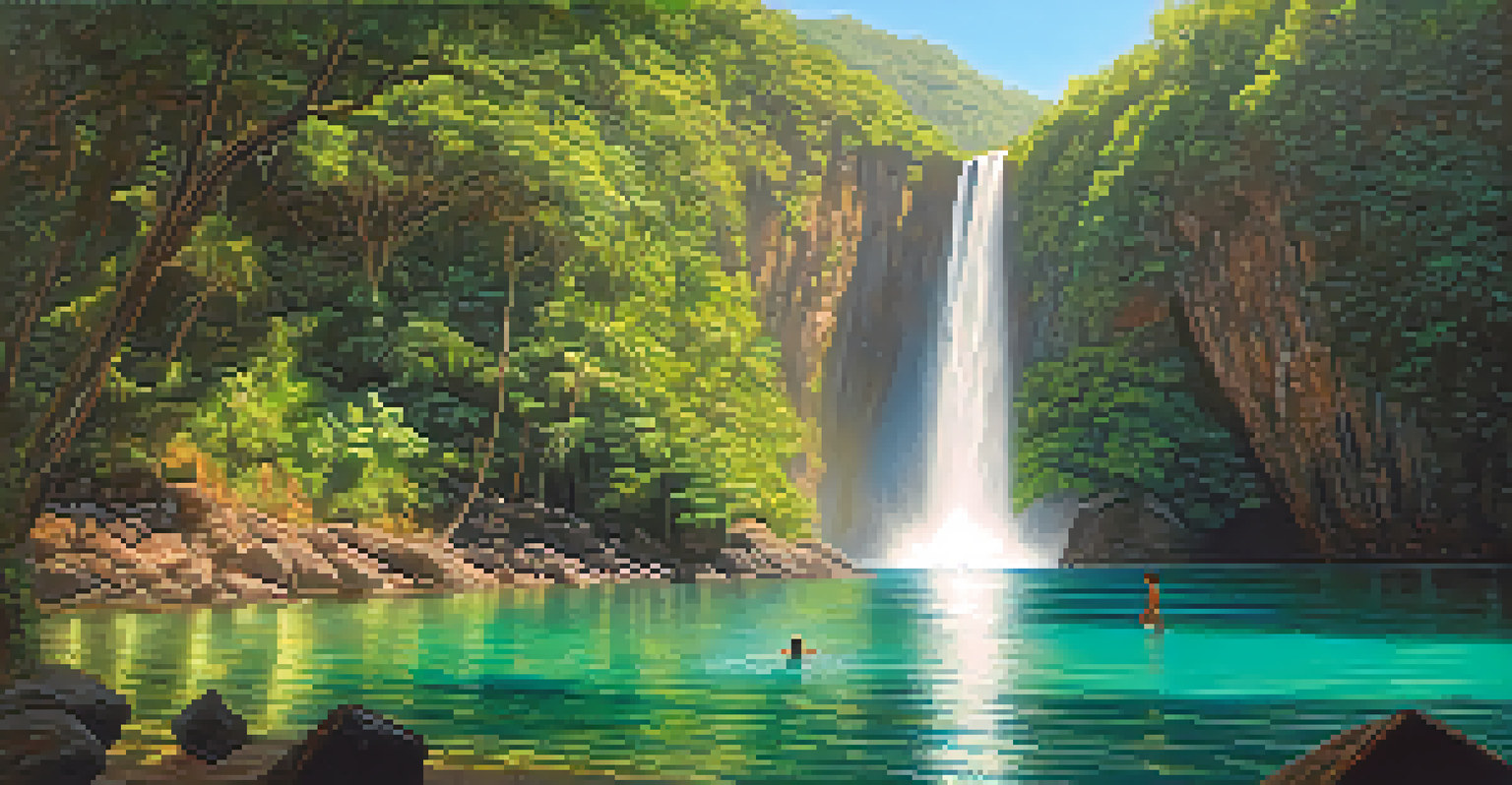 Cachoeira do Buracão waterfall flowing into a turquoise pool, with surrounding cliffs and visitors enjoying the serene atmosphere.